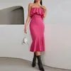 カジュアルドレス女性ストラップレス不規則なフィッシュテイルフリルボディーコンサマーエレガントなセクシーなクラブパーティーミディド​​レスカクテルイブニングドレス