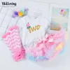 New Girls 'Baby Suit Letter Kort ärm Sweetheart Fluffy kjolstrumpor Set Baby Suit