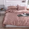 Summer Cooling Ice Silk Bedding Set Soft Stripe Duvet Cover Sheet Pillowcase King Smooth Bedclothes For Home Adult Bedding Red 240403