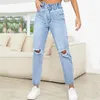 Jeans da donna pantaloni solidi pantaloni buco pantaloni di moda tasca alta vita piena per le donne slittate ropa mujer