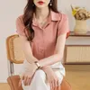 Frauenblusen Retro Top Sommer koreanischer Stil Lose Kontrast Farbe Pink gestreiftes Kurzarmhemd für Frauen