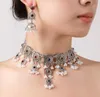 Fashionable retro floral hollow pearl temperament exaggerated necklace earrings ancient silver metal jewelry set