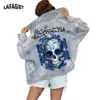 Women Denim Jacket Fashion Casual Skull Printed Big Picture Light Blue Jean Coat High Street Single Breasted Lapel Overwear 240415