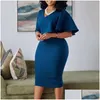 Plus Size Dresses Dress For Year 2022 Women Elegant Fashion Short Sleeve V Neck Mid-Calf Office Lady Sheath Empire Drop Delivery Appar Dhrzy