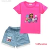 Kläder sätter gabbys dollhouse katter kläder småbarn flickor avslappnade kläder pojkar sommarkläder barn bomull t-shirts + denimshorts 2pcs uppsättningar t240415