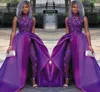 Sexy paarse avondjurken blinging kanten kralen illusie long prom jurken satijns overskirts zwarte Afrikaanse long jumpsuits8449694