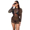 Designer Mesh Sheer Robes Femmes Sexy Crew Neck Short Mini Dress Clubwear