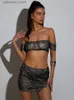 Sexy Jirt Women Party 2 pièces Set Shiny Rhinestone Mesh Crop Top avec See Through Mini Jirt Hollow Out Fishnet Nightclub Festival Turnits L49