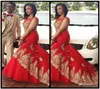 Red Sheer Scoop Neck Mermaid Evening Dresses Negeria Style With Gold Lace Appliques Prom Party Gowns 2020 Slim Black Girls Cheap5634363