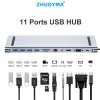 Hubs USB C Hub Type C Laptop Docking Station 11in1 MET PD SD TF RJ45 SPLITTER OM HDMI 4K 1080P 87W Adapter voor MacBook Voor Huawei
