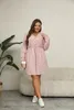 Plus Size Womens V Neck Button Front Waffle Knit Casual Dress Spring Long Sleeve Drawstring Midjan Stor storlek Korta klänningar 240407