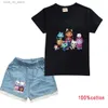 Kläder sätter gabbys dollhouse katter kläder småbarn flickor avslappnade kläder pojkar sommarkläder barn bomull t-shirts + denimshorts 2pcs uppsättningar t240415