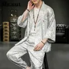 MRNUT SUMMER ICE SILK SILK DRAGON JACQUARD 2ピースセットチャイニーズスタイルの男性絹のようなシャツパンツタンスーツクールバケーションストリートウェア240412