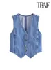 Traf Women Fashion Front Bouton Denim Waistcoat Vintage V Neck Sans manches Sans manches Extérieur Chic Gest Tops 240412
