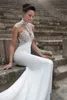 Boho Bahçe Denizkızı Gelinlik Muhteşem Boncuk İncileri Yüksek Boyunla Aplike Dantel Gelin Gowns Mahkemesi Tren İnce Fit Backless Gelin Cobles De Mariee Yd