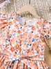 Girl's Dresses Girls Summer New Product Big Childrens Dress With Small Flying Sleeves Design For Leisure Vacation Style Flower Print Dress Y240415