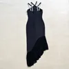 2024 Womens Bandage Dresse With Diamond Shoulder Strap Women Vintage Tweed Black Diamond Decoration Slim Fit Outwear