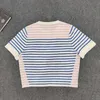 Women's T-Shirt designer Fuyimei High Luxury Xiaoxiangjia Pick Hole Splicing Striped Short Sleeve Combed Cotton Material, Showcasing Fashionable Atmosphere BZZ8