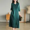 Women Summer Casual Dress Arrival Vintage Style Vneck Solid Color Loose Female Cotton Linen Long Dresses B3334 240415