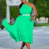 Casual Dresses Fashion Women's Single Shoulder Pleated Solid Waist Rayon Dress Loose Short Sleeve A-Line Maxi Vestido