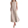 Casual klänningar randig bomullslinne Lång klänning med fickor Kvinnor Besättning Necktank överdimensionerade ärmlös solid flytande sommar