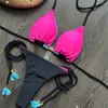 Women's Swimwear Colorblock Patchwork Bikini Thong Tassel Strappy Split Swimsuit Triangle Sexy Halter Women Y2K Trend Beach Bathing Suit