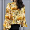 Womens Blouses Shirts Spring Autumn Stand Collar Blouse Vintage Printed Clothing Spliced Long Sleeve Fashion Folds Pearl Beading Loose Dhbfd