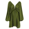 Office Sexy Low Cut Pleated Dresses Backless Lantern Sleeve Summer Dress Woman VNeck High Waist Casual ALine Green 240415