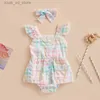 Overalls FOCUSNORM 0-18M Summer Baby Girls Cute Romper Dress 2pcs Ruffles Fly Sleeve Colorful Plaid Printed Mesh Lace Button Jumpsuits T240415