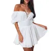 Casual Dresses 2024 Women Sweet Mini Dress Short Sleeve Off-shoulder Tie-up Solid Summer A-line