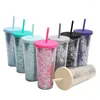 Mugs Creative Fashion Glitter Tumbler Cup 710 ml 24oz plast dubbel vägg med halm platt lock kaffegåvor