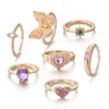 Creative Women's of 7 Purple Pink Set com Butterfly Heart Joint Deding Rings