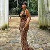 2024 Sommar Ny Sexig Deep V Lace Patchwork Leopard Tryckt Spaghetti Strap Maxi Dress for Women