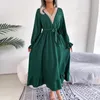 Casual Dresses 2024 Women Spring Summer V Neck Lace Up High Waist Ruffle Edge Long Dress For Ladies Solid A Line Sleeve Smocked