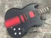 Cables Custom Sg Electric Guitar, Black Background, Red Stripe Body, Black Hardwareguitar