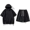 Summer Ice Silk Sets Men Korean Style Hooded Sweatshirts Sports Shorts 2 PC Set Japanese Harajuku Short Sleeve Suits Unisex Y240412