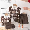 Clothing Sets New Baby Girls Boys Clothing Toddler Summer Fashion School Children Plaid Clothes Suit T Shirt Overalls Pants 2Pcs/Set Y240415