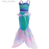 Girl's Dresses Girls Dress 2024 NYTT Summer Mesh Mermaid Costume Girl Suspender Fish Tail Swimming Two-Piece Set Carnival Costume T240415