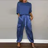 Pantalon de deux pièces pour femmes en satin lisse en satin court à manches courtes et pantalon de pantalon à deux pièces de printemps à lacets à lacet