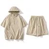 Summer Ice Silk Sets Men Korean Style Hooded Sweatshirts Sports Shorts 2 PC Set Japanese Harajuku Short Sleeve Suits Unisex Y240412