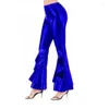 Pantaloni da donna Donne Shiny Flare Parelle Laser Metallic Wetlook Ruffle largo gamba a campana magro