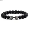 Other Bracelets Natural Volcanic Stone Bracelet Men Matte Black Lave White Beads Charm Dumbbell Strand Bracelets Women Barbell Fitness JewelryL240415