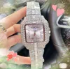 Full Diamonds Pierścień Kwarc Ruch Watch 40 mm Men Square Roman Tank Clock Błyszcząca gwiaździsta stal ze stali nierdzewnej Różowe złoto srebrne etui na rękę na rękę