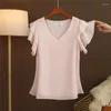 Women's Blouses Elegant Short Sleeve Korean Chiffon Blouse Women Casual Fashion White Yellow Pink Ruffle V Neck Summer Slim Shirts Tops