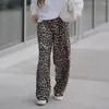 Pantalon féminin Femmes Long Leopard Imprimé large jambe large pour un pantalon de taille élastique de taille moyenne