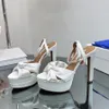 Aquazzura Cupid 매듭 새틴 플랫폼 샌들 발목 스트랩 블록 힐 여성 고급 디자이너 하이힐 펌프 가죽 펌프 가죽이 저녁 파티 신발 공장 신발