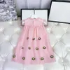 Girl's Casual Spring Summer Girls' Doll Neck Flower Embroidery Pink Mesh Dress Cute Pengpeng Temperament Princess