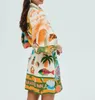 Trendy 2024 New Women's Designer Dress Linen Graphic Print Thin Belt Waist Closing Holiday Shirt Dress for Women