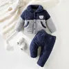 Giyim setleri kış bebek ve kız peluş set bebek ceket uzun pantolonlu yumuşak, sıcak işlemeli ayı cep 0-3 yıl