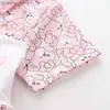 Vestidos de menina vestidos rosa urso de desenho animado vestido de manga curta para crianças girl algodão fofo roupas de joelho de joelho 2024 y240415y240417iumu